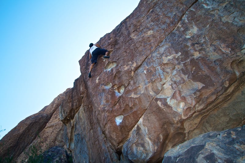 The Melon Patch bouldering problem in Hueco Tanks.